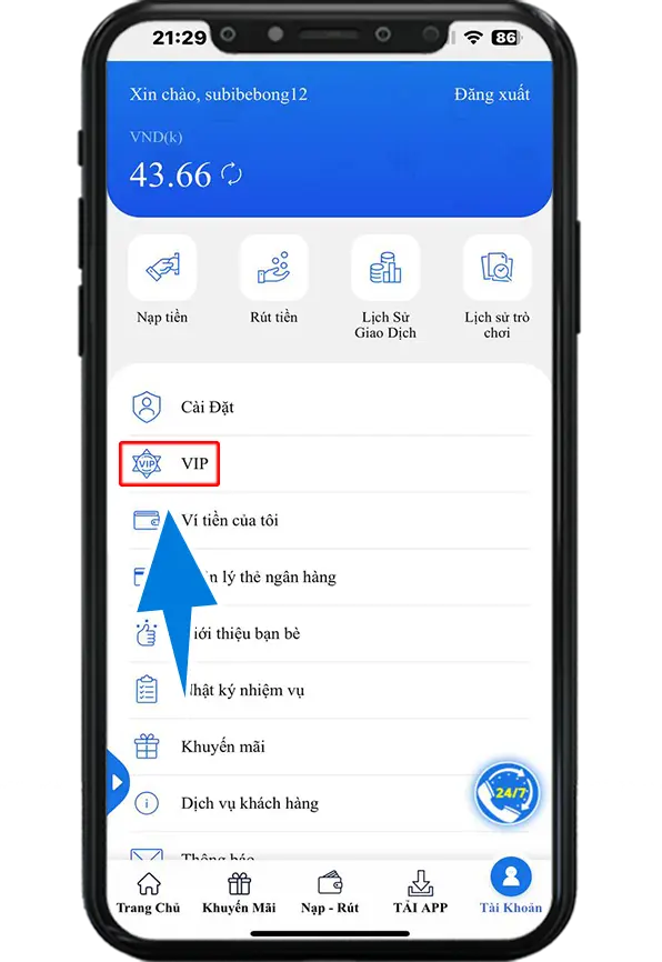 Bước 2 : Chọn mục VIP